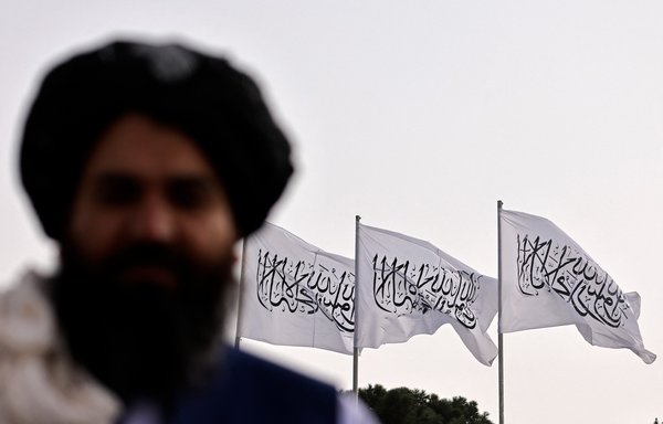 A Taliban fighter is pictured against the backdrop of Taliban flags on September 11. [Karim Sahib/AFP]