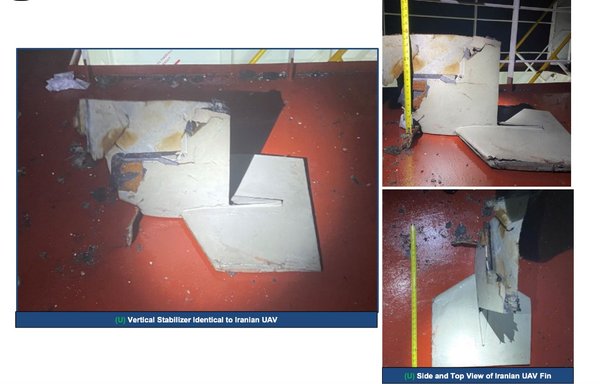 Images of the UAV that fatally hit the Mercer Street show that its components were identical to those of previously identified Iranian UAVs. [CENTCOM]