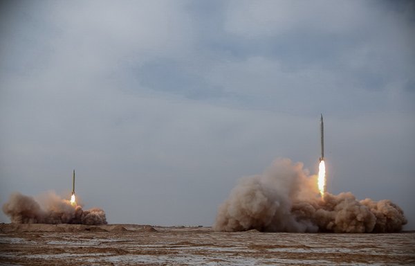 Two long-range missiles launched from an IRGC base in Iran in January. [IRGC]