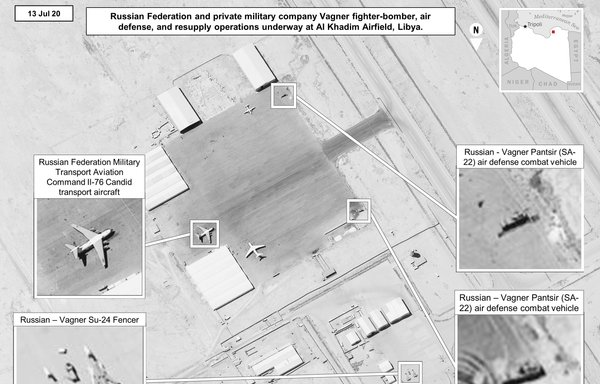 This satellite image shows the extent of equipment being supplied to and used by Wagner Group at al-Khadim airfield in Libya in July 2020. [AFRICOM]