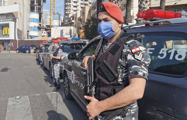 A member of Lebanon's Internal Security Forces wears a mask to protect against COVID-19 as he performs his duties on the street. The United States has supplied the ISF with protective gear and equipment valued at more than $400,000. [ISF Public Relations Division]
