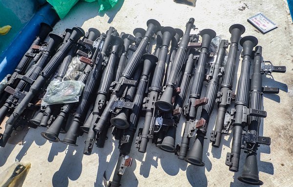 The US Navy seized two illicit shipments of weapons and weapons components from two stateless dhows during a maritime security operation in international waters off the coast of Somalia February 11 and 12. [US Navy]