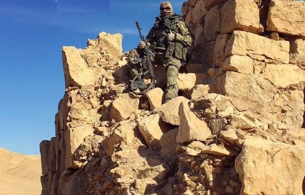 An element of the Wagner Group Russian mercenary force in the archaeological area of Palmyra. [File]