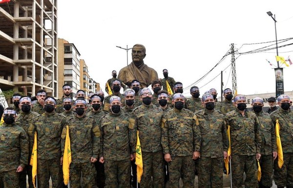 Hizbullah supporters attend an Iranian embassy event in the al-Ghobeiry area of Baabda district to commemorate the second anniversary of Qassem Soleimani's death. [Ziad Hatem/Al-Mashareq]