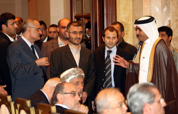 The FPM's alliance with Hizbullah and Amal has been showing signs of strain. This file photo from May 15, 2008, shows Amal party deputy Ali Hassan Khalil, Hizbullah chief Hassan Nasrallah's political adviser Hajj Hussein Khalil, and FPM leader Gebran Bassil, who was at the time political advisor to Michel Aoun, at a news conference in Beirut. [Hassan Ammar/AFP]