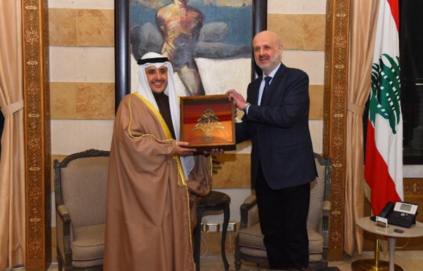 Kuwaiti Foreign Minister Sheikh Ahmed Nasser al-Mohammed Al Sabah is seen here with Lebanese Minister of Interior and Municipalities Bassam Mawlawi. The Kuwaiti minister was in Lebanon to attempt to resolve tensions with the Gulf states. [Lebanon National News Agency]