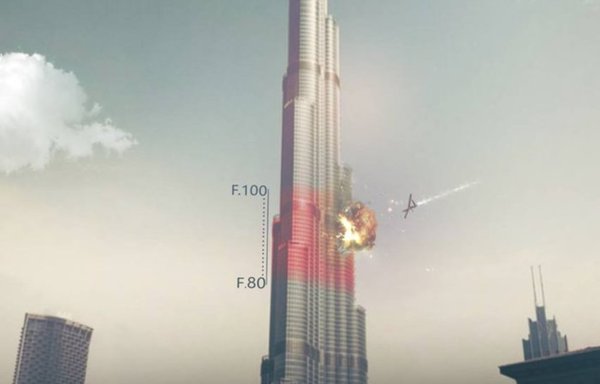 نشرت ألوية الوعد الحق في 27 كانون الثاني/يناير 2021، هذه الصورة المتلاعب فيها لناطحة السحاب برج خليفة في الإمارات وهي تضرب بالطائرات المسيرة.