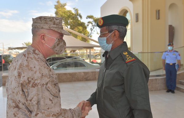 US CENTCOM commander Gen. Kenneth F. McKenzie shakes hands with Chief of Staff of the Armed Forces of the UAE Hamad Thani Al Rumaithi on February 7. [UAE Ministry of Defence]