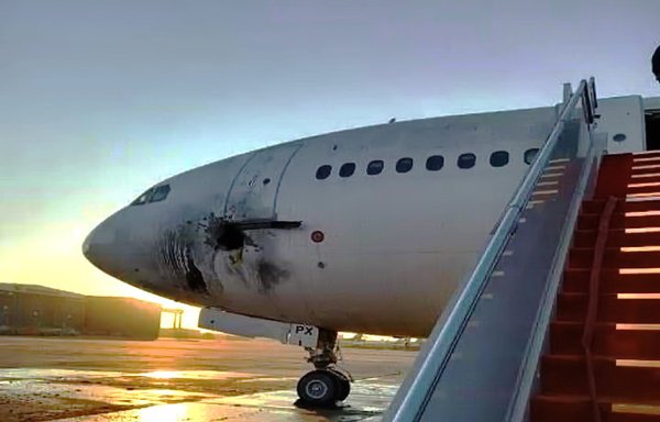 Damage to an Iraqi civilian plane can be seen after a rocket attack against Baghdad International Airport allegedly carried out by Iran-linked armed groups on January 28. [Iraqi Ministry of Transport]