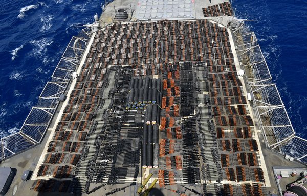 Weapons and ammunition seized by the US Navy on a pirate boat in the waters of the Arabian Gulf in May 2021. [US Navy]