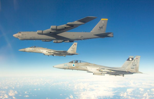 IDF F-15 fighter jets escort a US Air Force B-52 through Israel's skies on February 14. [IDF/Twitter]