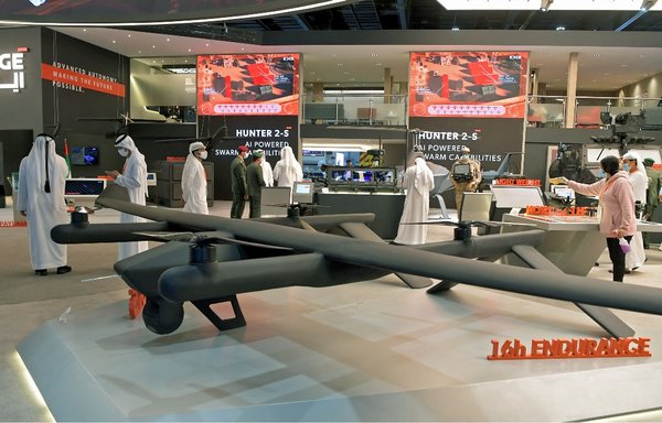A QX-5 unmanned helicopter system drone by the EDGE advanced technology group for defence is on display at the UMEX Exhibition showcasing drones, robotics and unmanned systems at the Abu Dhabi National Exhibition Centre on February 22. [AFP]