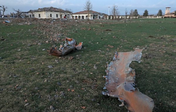 A partial view shows debris following an overnight attack in Erbil on March 13. Iran claimed responsibility for the strike. [Safin Hamed/AFP]