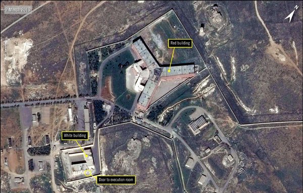 A handout satellite image released by The French national Space study centre (CNES) and the ASTRIUM, and received from Amnesty International on February 7, 2017, shows the military-run Saydnaya prison, one of Syria's largest detention centres located 30km north of Damascus. [AFP]