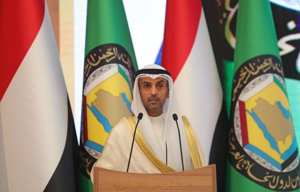 GCC secretary-general Nayef al-Hajraf speaks during a conference on Yemen's war in the Saudi capital of Riyadh on March 30. [Fayez Nureldine/AFP]
