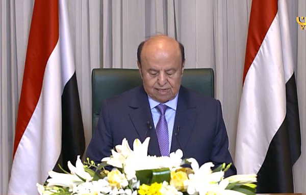 This image grab taken from Yemen TV early April 7 shows Yemeni President Abd Rabbu Mansour Hadi during a televised speech. Yemen's president announced he is handing his powers to a new leadership council. [Yemen TV/AFP]
