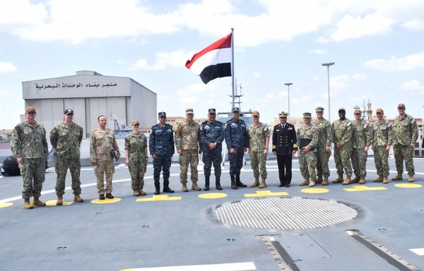 Egypt became the 34th member nation of the multinational Combined Maritime Forces on April 12, 2021. Seen here is Vice Admiral Samuel Paparo of the US Navy, with Egyptian Navy commander Lt. Gen. Ahmed Khaled, and their respective staff officers. [Egypt Navy]