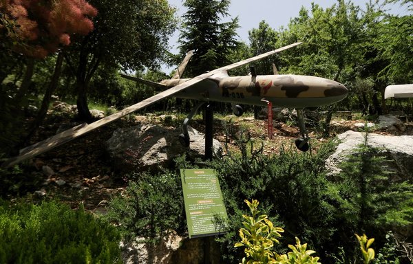 A picture taken on May 22, 2020, shows a Mersad military drone at the Hizbullah memorial landmark in the hilltop bastion of Mleeta near the southern Lebanese village of Jarjouaa. [Joseph Eid/AFP]