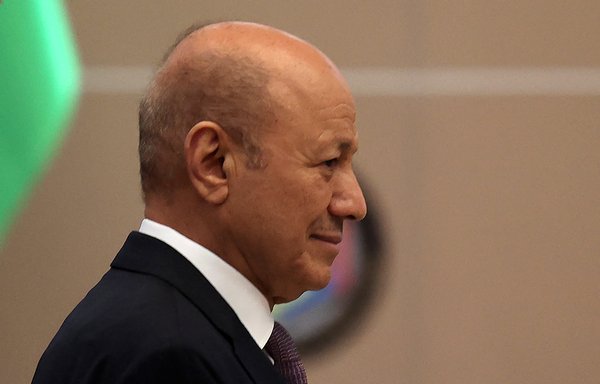 Rashad al-Alimi, head of Yemen's new leadership council, attends the last day of a conference on the conflict in Yemen, hosted by the Gulf Co-operation Council, in the Saudi capital Riyadh on April 7. [Fayez Nureldine/AFP]