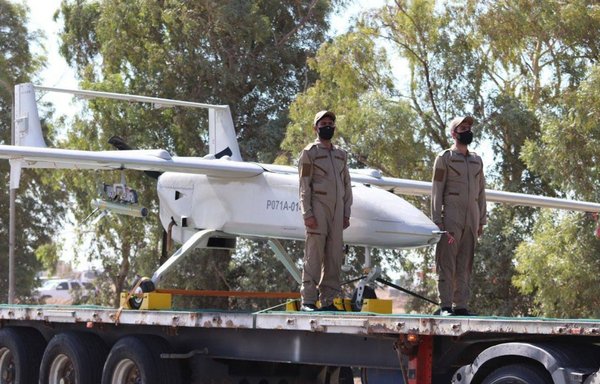 A Muhajer-6 drone on display during a military parade held by the Badr Organisation, Kataib Hizbullah and Asaib Ahl al-Haq in June 2021. [Aurora Intel/Twitter]