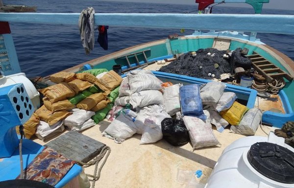Bags of illegal narcotics lie on the deck of a fishing vessel interdicted by US Coast Guard fast response cutter USCGC Glen Harris in the Gulf of Oman on May 15. [US Navy]