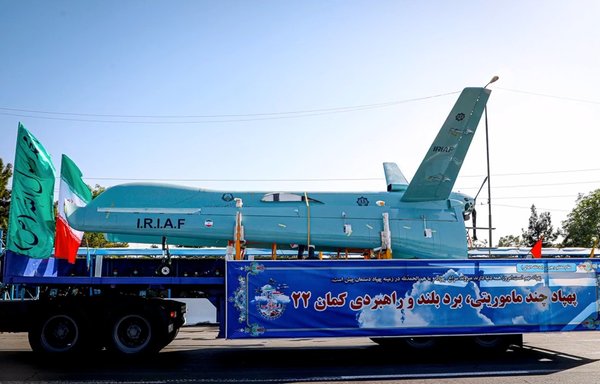 A drone on display on April 18 in Tehran. [Iranian Ministry of Defence]