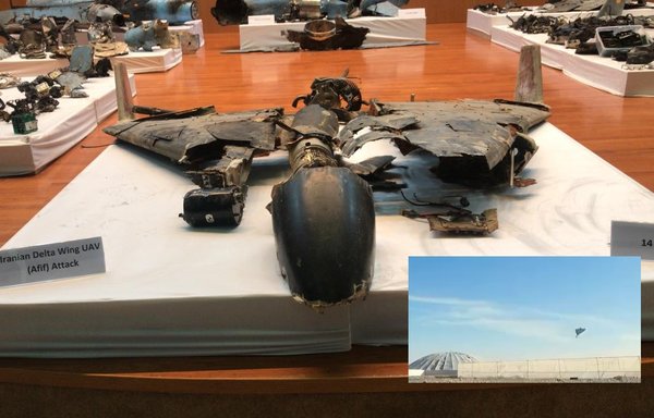The remains of a delta-wing Iranian drone following the 2019 attack on Saudi Aramco facilities and a screenshot from an IRGC video showing the same 'suicide' drone about to hit a target.