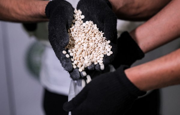 An officer of the Saudi Directorate of Narcotics Control empties a bag of Captagon pills seized during a special operation in the Red Sea coastal city of Jeddah on March 1. Hizbullah is accused of being the main source manufacturing the drugs and smuggling them from Syria to the Gulf via Jordan. [Fayez Nureldine/AFP]