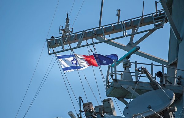 The national flags of Israel and Bahrain fly alongside a US Navy admiral flag on a US Navy ship docked in Bahrain. [US Navy]
