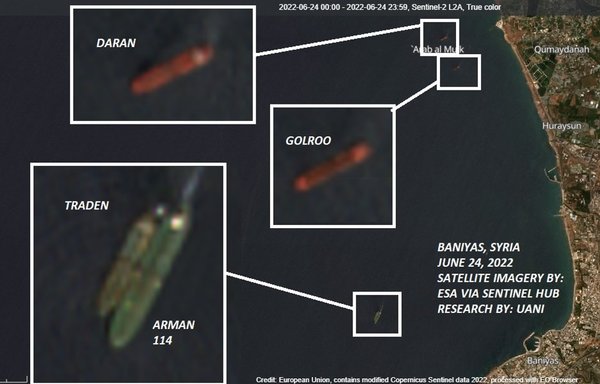 Iranian tankers Daran and Golroo are seen in this image discharging at the Baniyas port in Syria on June 24. Arman 114 is engaged in a ship-to-ship transfer with Traden. [European Union]
