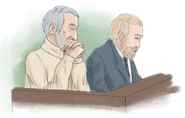 This courtroom sketch made on November 23 by Anders Humlebo shows former Iranian prison official Hamid Noury (left) and attorney Thomas Soderqvist during the war crime trial of Noury in Sweden. [Anders Humlebo/TT News Agency/AFP]