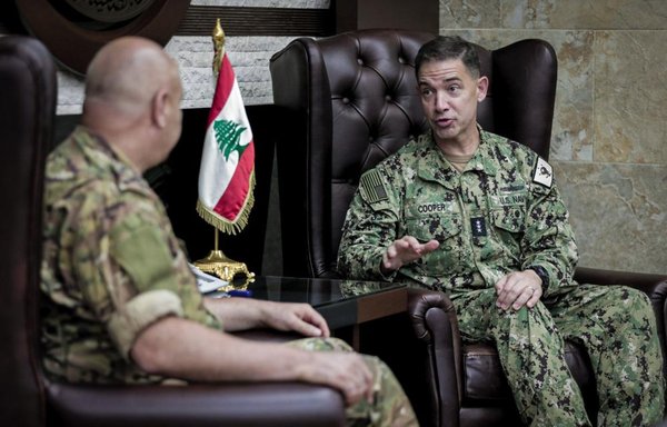 Vice Adm. Brad Cooper, commander of US Naval Forces Central Command, the US Navy's 5th Fleet and the multi-national Combined Maritime Forces, speaks to Gen. Joseph Aoun, commander of the Lebanese Armed Forces on July 12, at the start of the Resolute Union 22 exercise at Jounieh Naval Base, Lebanon. [US Army]