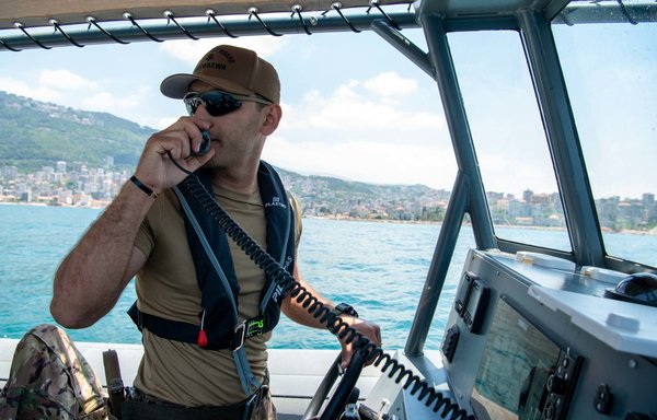 A member of Lebanese Armed Forces operates a rigid-hull inflatable boat in the Mediterranean Sea during exercise Resolute Union 21 at Jounieh Naval Base in Lebanon in May 2021. [US Navy]