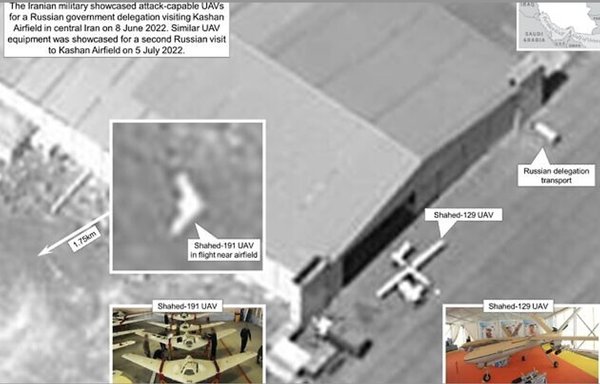 Satellite imagery shows Iranian attack-capable UAVs examined by Russian officials in June at Kashan airfield in central Iran. [US Government]
