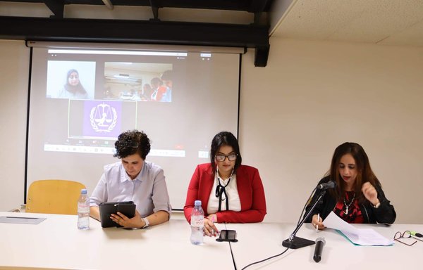 Action for Human Rights and Refugees director Laila Khalil (centre) takes part in a symposium organised by the Human Rights Association on the abduction of women in Geneva on June 23. Beside her are Arwa al-Khattabi and Lisa al-Badawi. [Laila Khalil]