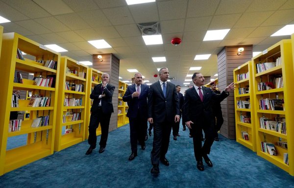 Iraqi Prime Minister Mustafa Kadhemi visits the University of Mosul's rehabilitated library building on July 9. [Kadhemi press office]
