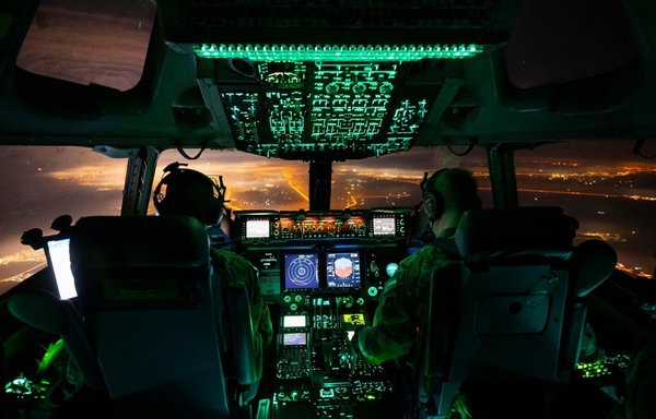 A C-17 military plane flying near Ali Al-Salem base in Kuwait in January. [CENTCOM]