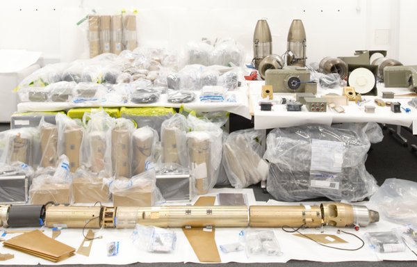 The UK Royal Navy displays smuggled Iranian missiles the HMS Montrose seized in early 2022 in international waters south of Iran. [UK Ministry of Defence]