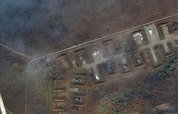 Satellite imagery from August 10 shows the aftermath of an apparent attack on Saki air base in Novofedorivka, Crimea. [Maxar Technologies/Twitter]