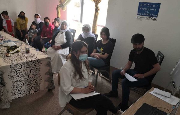 Yazidi survivors speak with representatives of the United Nations Human Rights Council over the internet on April 17, 2021. [Eyzidi Organisation for Documentation]