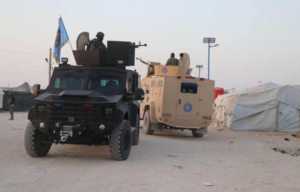 Armoured vehicles roll through al-Hol camp in northeastern Syria during a security operation that kicked off August 25. [SDF]