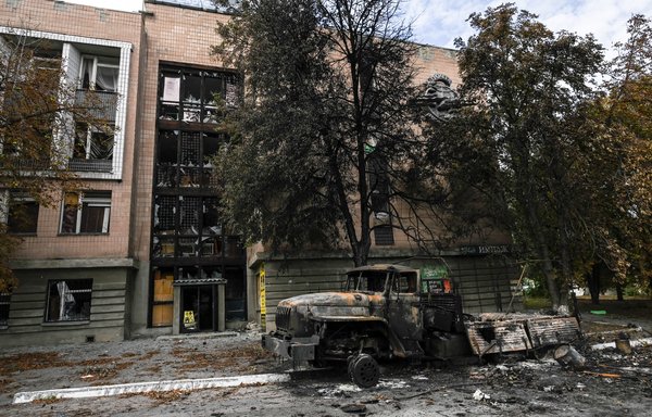 This photograph taken in Balakliya, Kharkiv province, on September 10, shows a destroyed Russian military vehicle. [Juan Barreto/AFP]