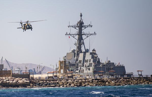 A Jordanian helicopter departs from the Royal Jordanian Naval Base in Aqaba carrying two search and rescue divers participating in the Eager Lion exercise on September 8. [CENTCOM]