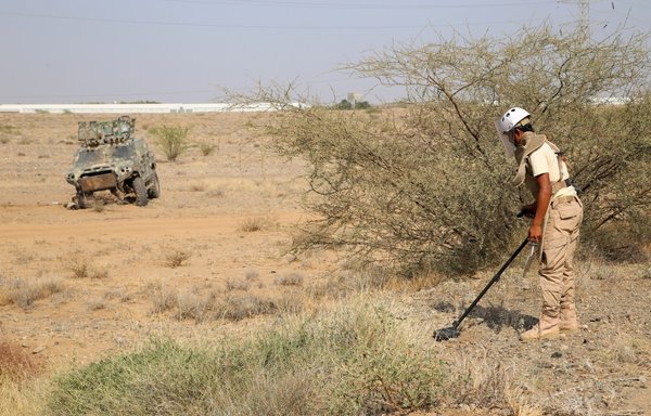 یکی از نیروهای هوادار دولت یمن روز ۱۱ اسفند ۱۳۹۹ در روستای حیس، واقع در نزدیکی منطقۀ درگیری در استان الحدیده، در جستجو برای یافتن مین است. [خالد زیاد/خبرگزاری فرانسه]