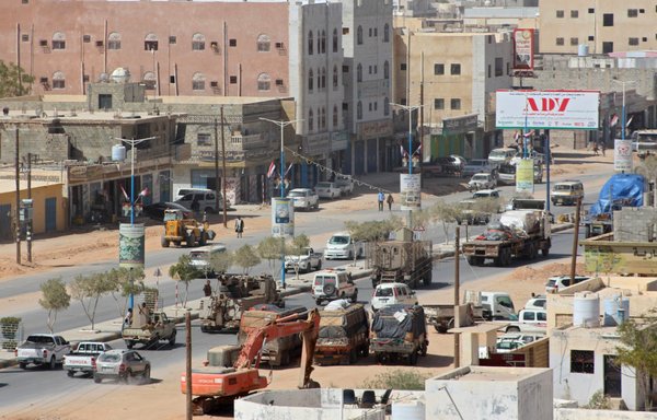 UAE-trained troops drive into the Yemeni city of Shabwa on January 20. [Saleh al-Obeidi/AFP]