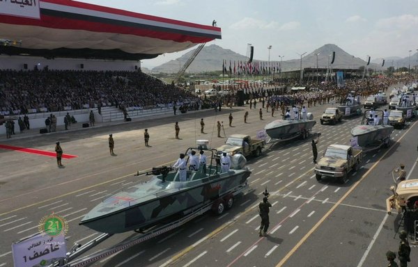 An image distributed by the Houthis on September 21 shows a military parade in Sanaa. [Al-Huthi Group Media Office/AFP]