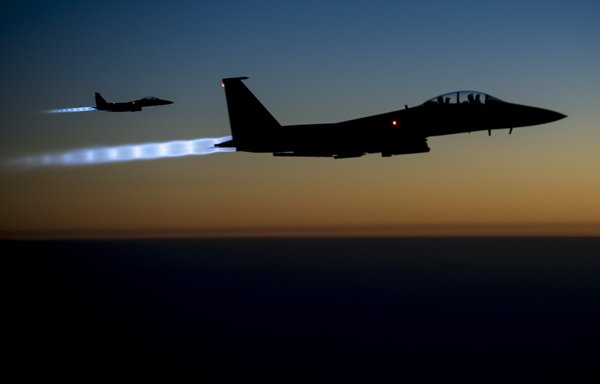 A pair of US F-15s after conducting airstrikes in Syria. [CENTCOM]