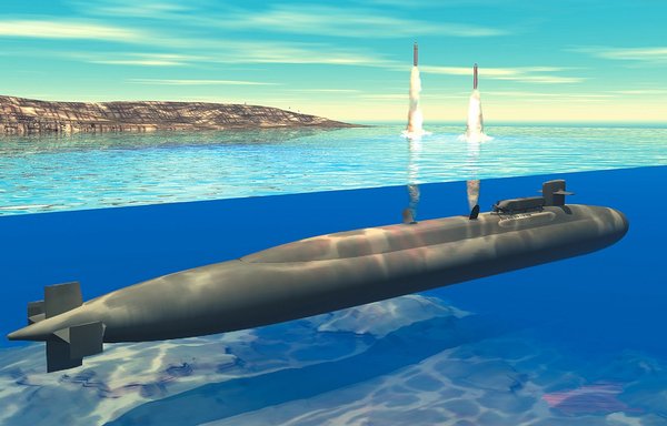 Shown is an artist's conception of an Ohio-class nuclear-powered submarine launching Tomahawk missiles. [US Navy]