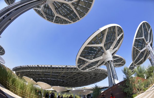A picture taken on January 16, 2021, shows solar panels used to generate renewable energy at the Sustainability Pavilion at the Dubai Expo 2020 in the United Arab Emirates. The US and UAE signed a major clean energy deal worth $100 billion on November 1. [Karim Sahib/AFP]