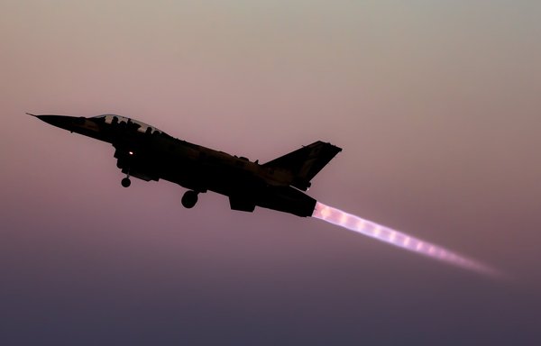 An Israeli fighter jet takes off at dusk. [Israeli Air Force]